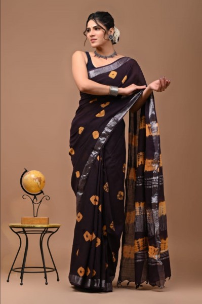 NU_Linen Shibori Black Brown Saree