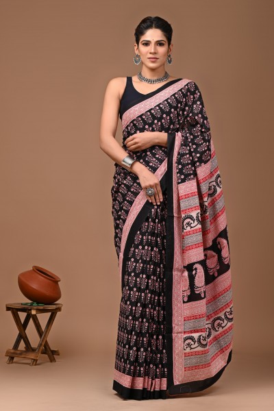 Cotton Mulmul Hand Block Black Motifs Saree