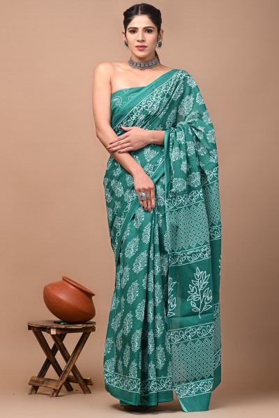 Cotton Mulmul Hand Block Green Print Saree