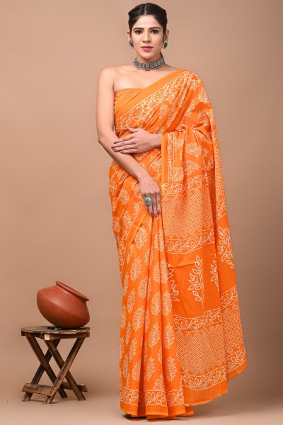 Cotton Mulmul Hand Block Orange Print Saree