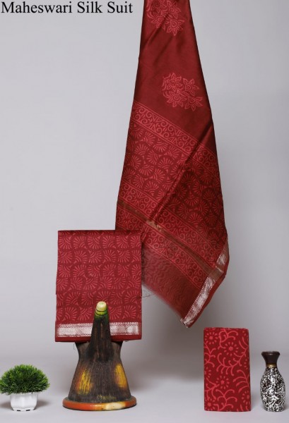 Maheshwari Silk Cotton Hand Block Maroon Fan Print Suit Fabric