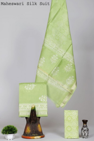 Maheshwari Silk Cotton Hand Block Lime Green Suit Fabric