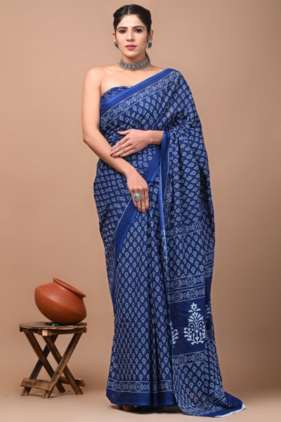 Cotton Mulmul Hand Block Booti Blue Saree