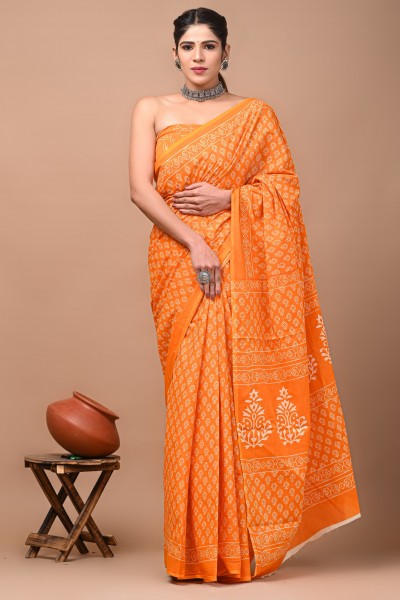Cotton Mulmul Hand Block Booti Orange Saree