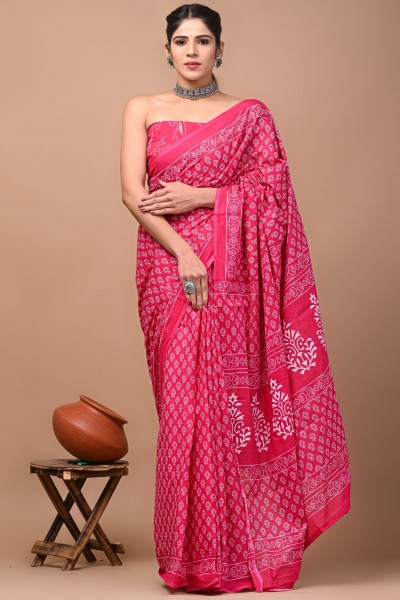 Cotton Mulmul Hand Block Booti Pink Saree