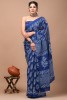 Cotton Mulmul Hand Block Blue Printed Saree